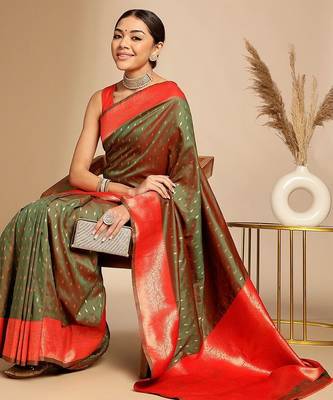 brown ethnic woven design zari art silk blend banarasi saree 3