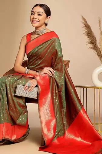 brown ethnic woven design zari art silk blend banarasi saree