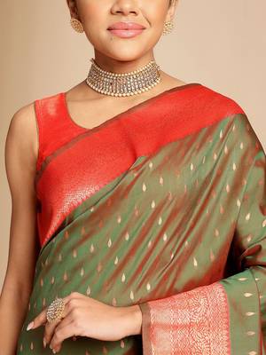 brown ethnic woven design zari art silk blend banarasi saree 4