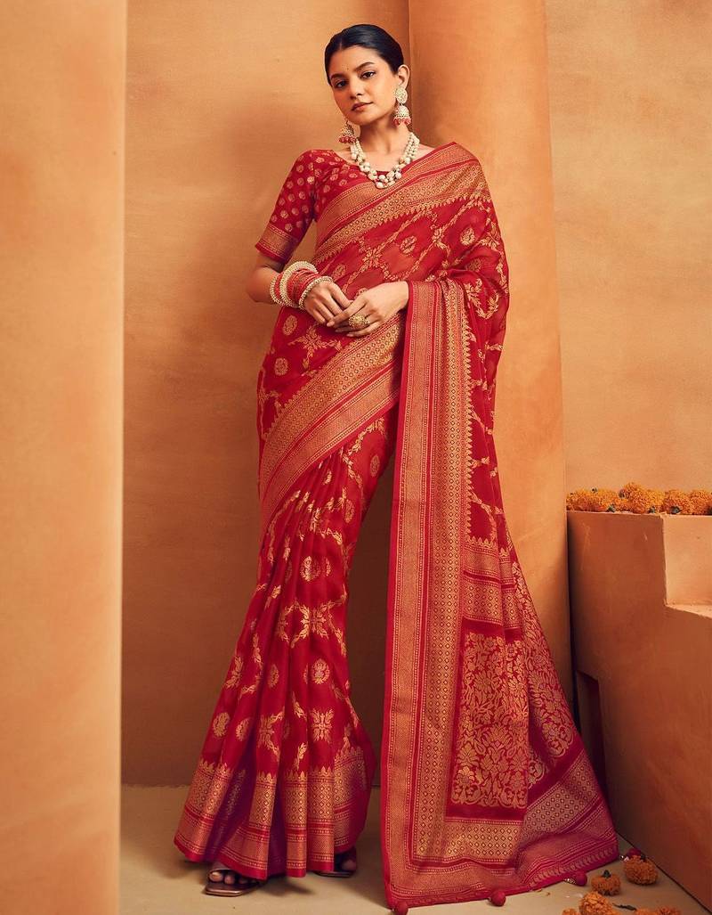 red ethnic motifs poly georgette designer saree