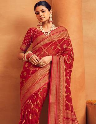 red ethnic motifs poly georgette designer saree 2