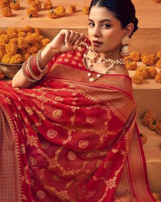 red ethnic motifs poly georgette designer saree 3