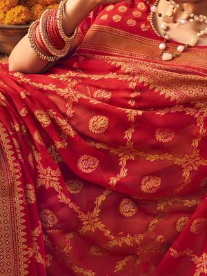 red ethnic motifs poly georgette designer saree 4