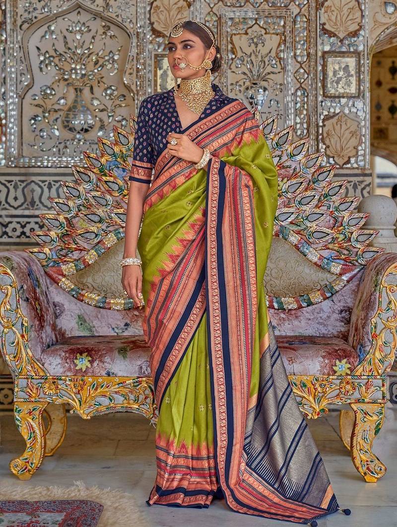 Green ethnic motifs printed zari sungudi saree