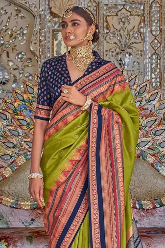 Green ethnic motifs printed zari sungudi saree