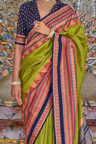 Green ethnic motifs printed zari sungudi saree
