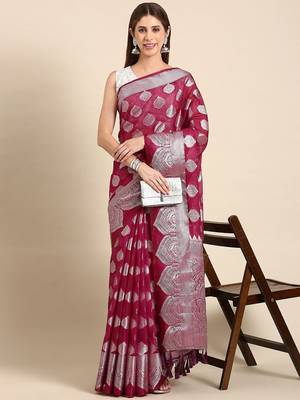 burgundy & silver-toned ethnic woven design organza banarasi saree 1