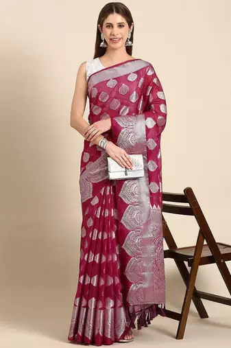 burgundy & silver-toned ethnic woven design organza banarasi saree
