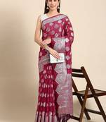 burgundy & silver-toned ethnic woven design organza banarasi saree