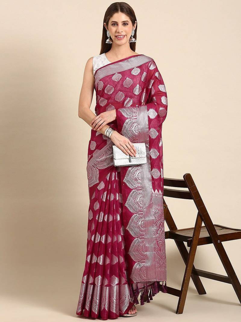 burgundy & silver-toned ethnic woven design organza banarasi saree
