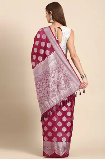 burgundy & silver-toned ethnic woven design organza banarasi saree