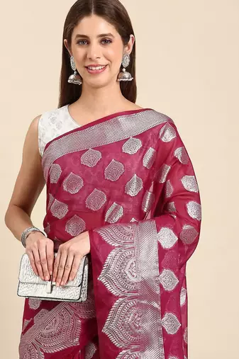 burgundy & silver-toned ethnic woven design organza banarasi saree