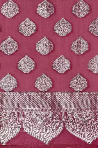 burgundy & silver-toned ethnic woven design organza banarasi saree