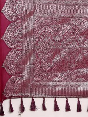 burgundy & silver-toned ethnic woven design organza banarasi saree 5
