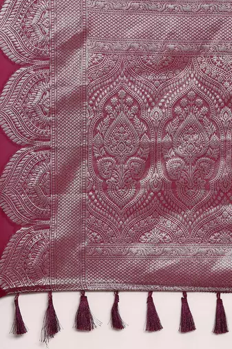 burgundy & silver-toned ethnic woven design organza banarasi saree