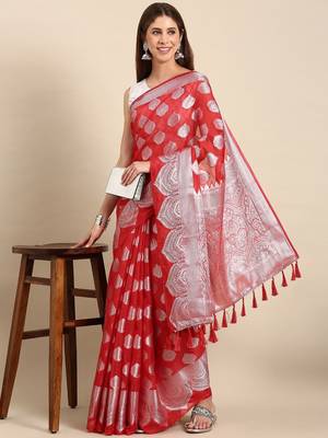 red red & silver-toned ethnic woven design organza banarasi saree 1