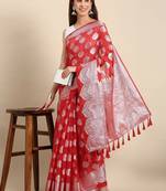 red red & silver-toned ethnic woven design organza banarasi saree