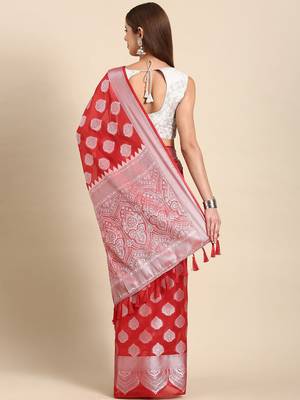 red red & silver-toned ethnic woven design organza banarasi saree 2