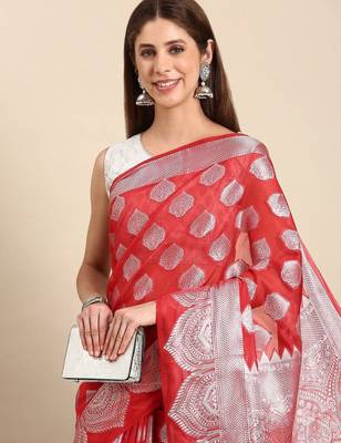 red red & silver-toned ethnic woven design organza banarasi saree 3