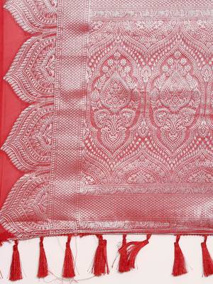 red red & silver-toned ethnic woven design organza banarasi saree 5
