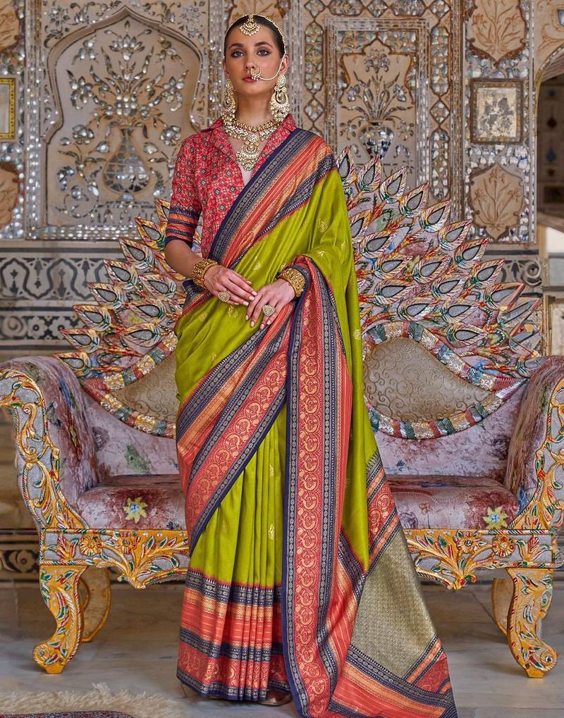 Green ethnic motifs zari sungudi saree