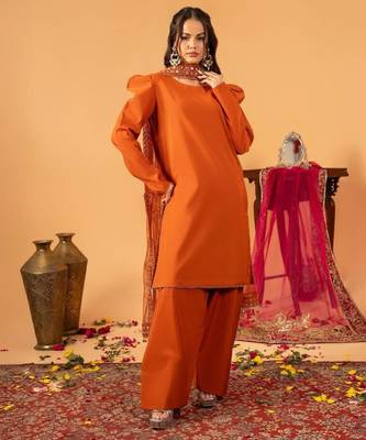 Orange silk blend embroidered farshi salwar set 1