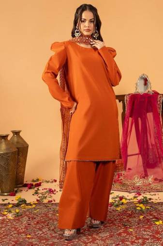 Orange silk blend embroidered farshi salwar set