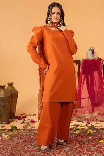 Orange silk blend embroidered farshi salwar set