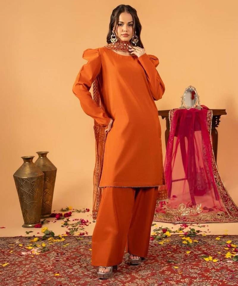 Orange silk blend embroidered farshi salwar set
