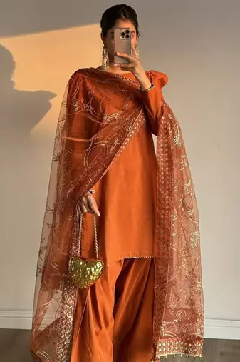 Orange silk blend embroidered farshi salwar set