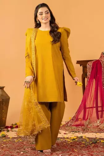 Dark-yellow silk blend embroidered farshi salwar set