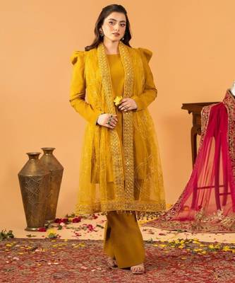 Dark-yellow silk blend embroidered farshi salwar set 2