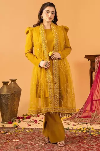 Dark-yellow silk blend embroidered farshi salwar set