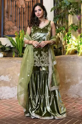 Olive silk blend stone work sharara set