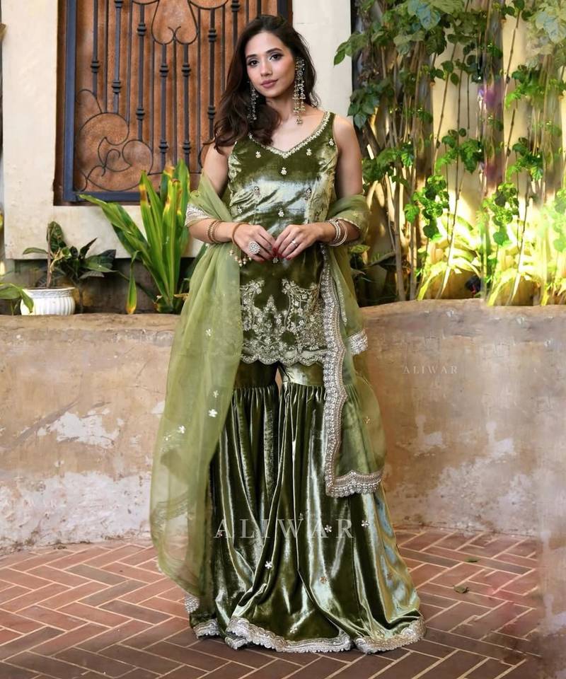 Olive silk blend stone work sharara set