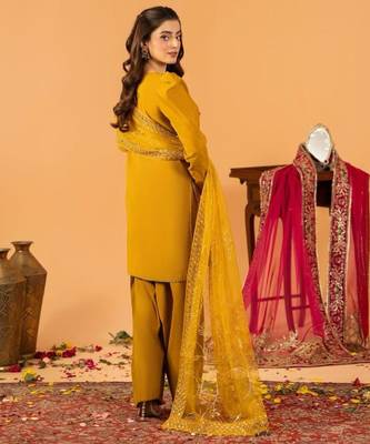 Dark-yellow silk blend embroidered farshi salwar set 3