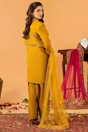 Dark-yellow silk blend embroidered farshi salwar set