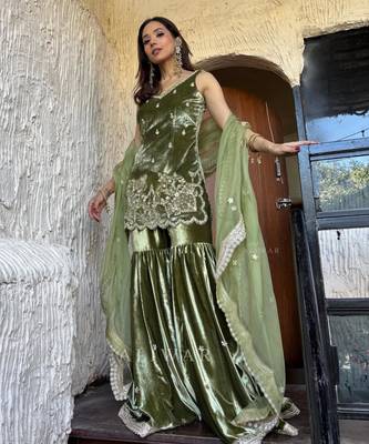 Olive silk blend stone work sharara set 2