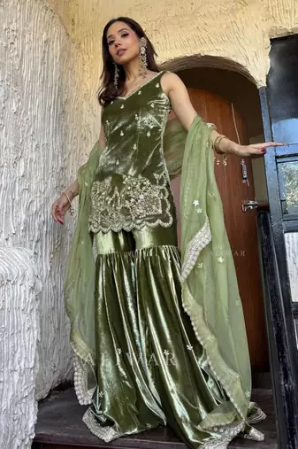 Olive silk blend stone work sharara set