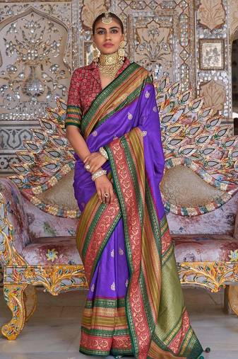 Violet ethnic motifs printed zari sungudi saree