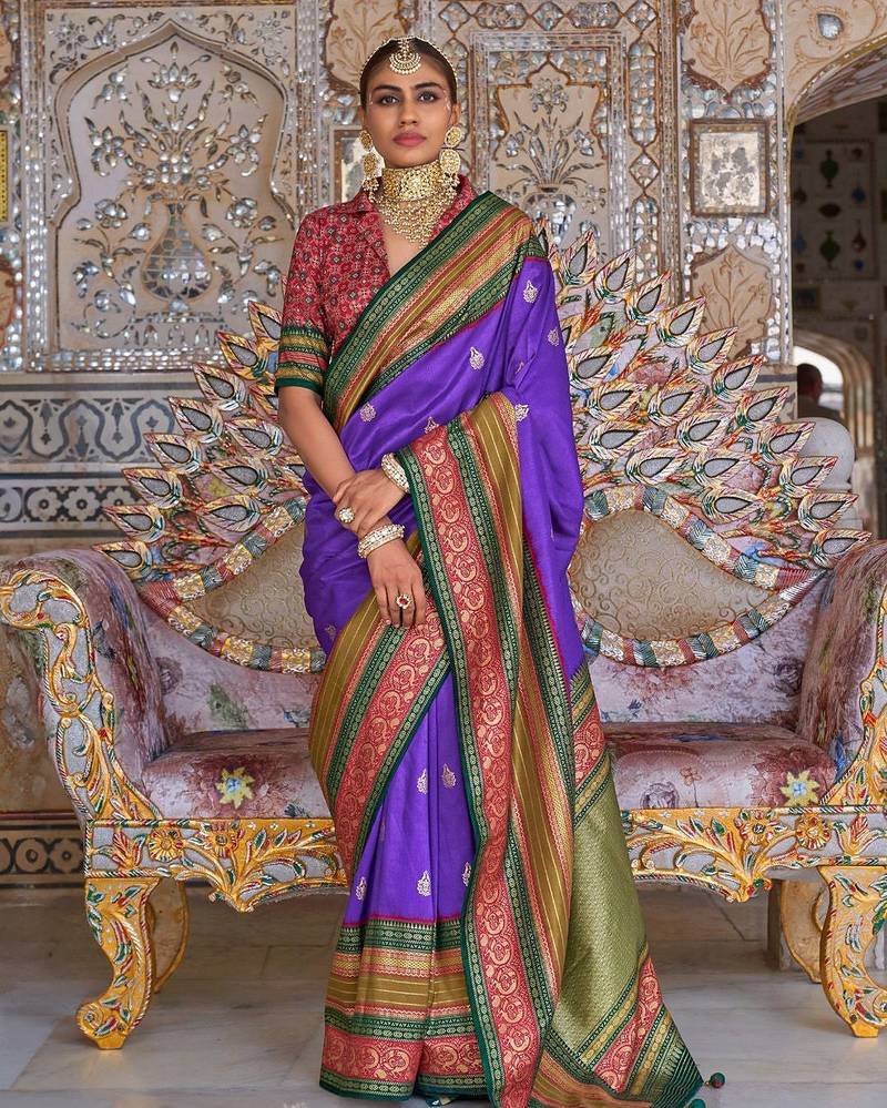 Violet ethnic motifs printed zari sungudi saree