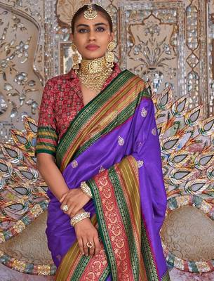 Violet ethnic motifs printed zari sungudi saree 2