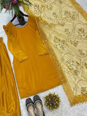 Dark-yellow silk blend embroidered farshi salwar set 4