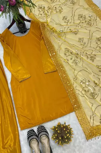 Dark-yellow silk blend embroidered farshi salwar set