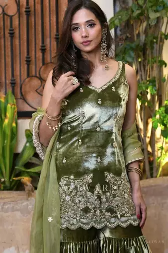 Olive silk blend stone work sharara set