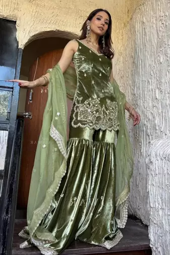 Olive silk blend stone work sharara set