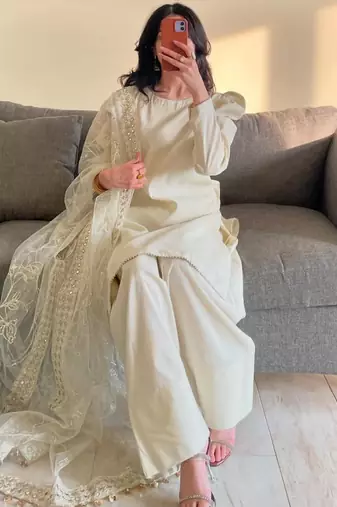 Off-white silk blend embroidered farshi salwar set