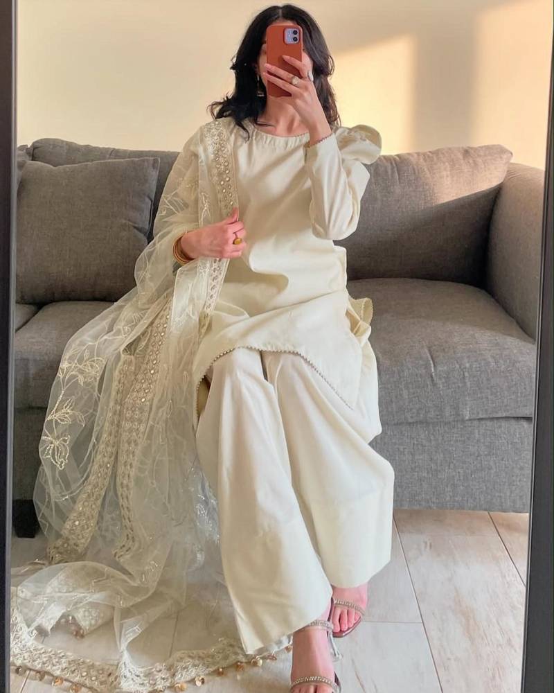 Off-white silk blend embroidered farshi salwar set