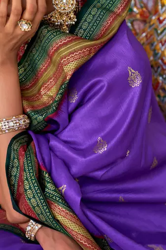Violet ethnic motifs printed zari sungudi saree