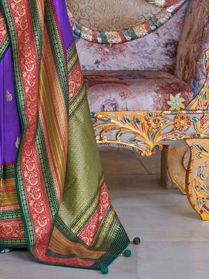 Violet ethnic motifs printed zari sungudi saree 5